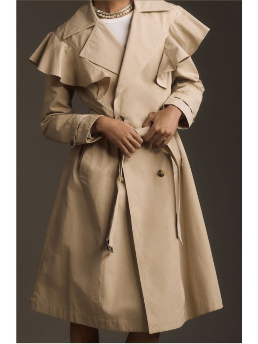 Trench Coat With Ruffled Shoulder